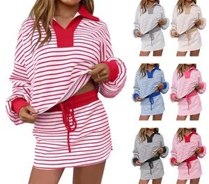 Womens 2 Piece Set Striped Sweatshirt Skirt Set Casual Long Sleeve Skort Workout Matching Lounge Set with Pockets tiktokshopspringglowup,summervibes