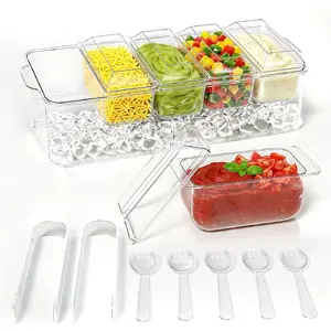 Condiment Tray, Chilled Condiment Server for Home, Party, Celebration, Bar Garnish Holder on Ice, Bar Accessories Fruit and Salad with Removable Trays and Lids (5 Spoons & 2 Tongs)