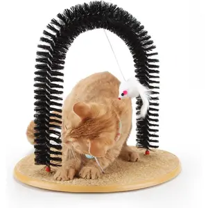 Cat Self-Grooming Arch - Scratching Board with Built-in Brushes - Deshedding Tool & Face Massager - Includes Interactive Toy