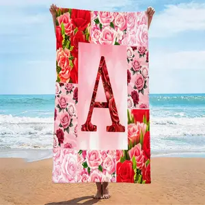 Rose Flower 26 English Letter A-Z Pattern Beach Towel, Soft, Absorbent And Sun-Proof, Suitable For Teenagers And Adults, Outdoor Adventure, Beach, Swimming Pool, Camping And Travel Scenes