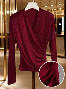 Women's Spring Autumn Winter Long Sleeve Elegant Lady V-Neck Velvet Top, Side Pleated Waist Cinching, Casual Fitted Plain Blouse