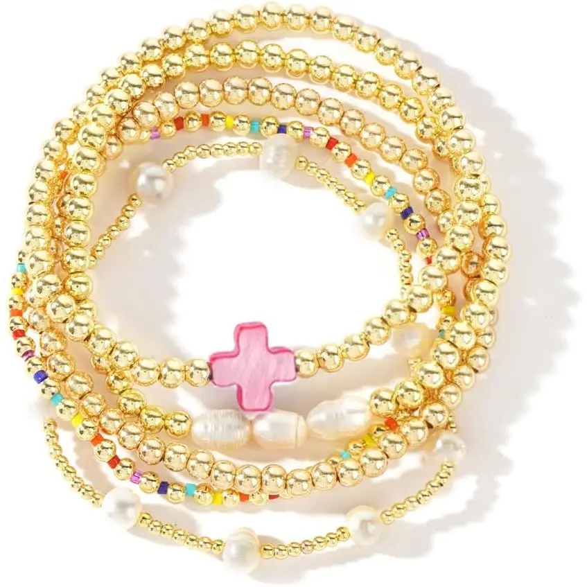 14K Gold Pearl Beaded Cross Bracelets Stack Set for Women,Stretch Boho Colorful Christian Beads Ball Jewelry Trendy Gift