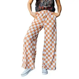 Womens Casual Checkered Pants Elastic Waist Comfy Loose Wide Leg Pants with Pockets