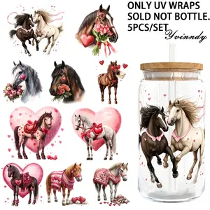 5Pcs/Set Valentine Horses 16OZ Glass Jar Transfer Paper UV DTF High Self-Adhesive Transfer Paper Suitable For Decorating Cups And Bottles
