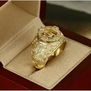 18K Gold Plated Crown Ring European and American Retro Carved Full Diamond Men's Ring Christmas Gift