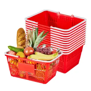 【SummerFinds】VEVOR Shopping Baskets, 12 PCS, 21L Stackable PE Plastic Grocery Baskets with Handles, Dense Mesh Structure, Holds up to 20 lbs, Portable for Grocery, Retail, Stores, Supermarket, Home Use, Red