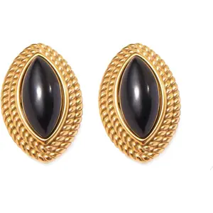 Women's Big Chunky Gold Stud Earrings, Vintage Black Oval Onyx Statement Earrings, Daily Fashion Costume Jewelry Accessories