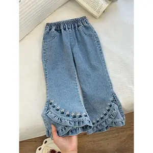Girls' Faux Denim Flared Pants - Slim-Fit Micro-Flared Trousers with Floral Embroidery, Light Blue Casual Outerwear  Spring & Fall, Perfect  Outdoor Play, Girls Pants, Seasonal Wear, Decorative Waistband, Stretchy Fabric for