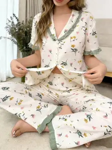 Women's Sleepwear Set Loungewear, Long Sleeve Ruffle Pajamas, Button Front Comfortable Nightwear, Soft Short Sleeves Top and Elastic Waist Pants