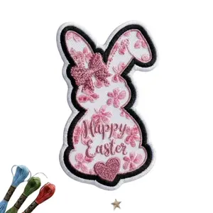 Pink Floral Happy Easter Bunny Patch, Coquette Aesthetic Holiday Applique for Bags, Jacket