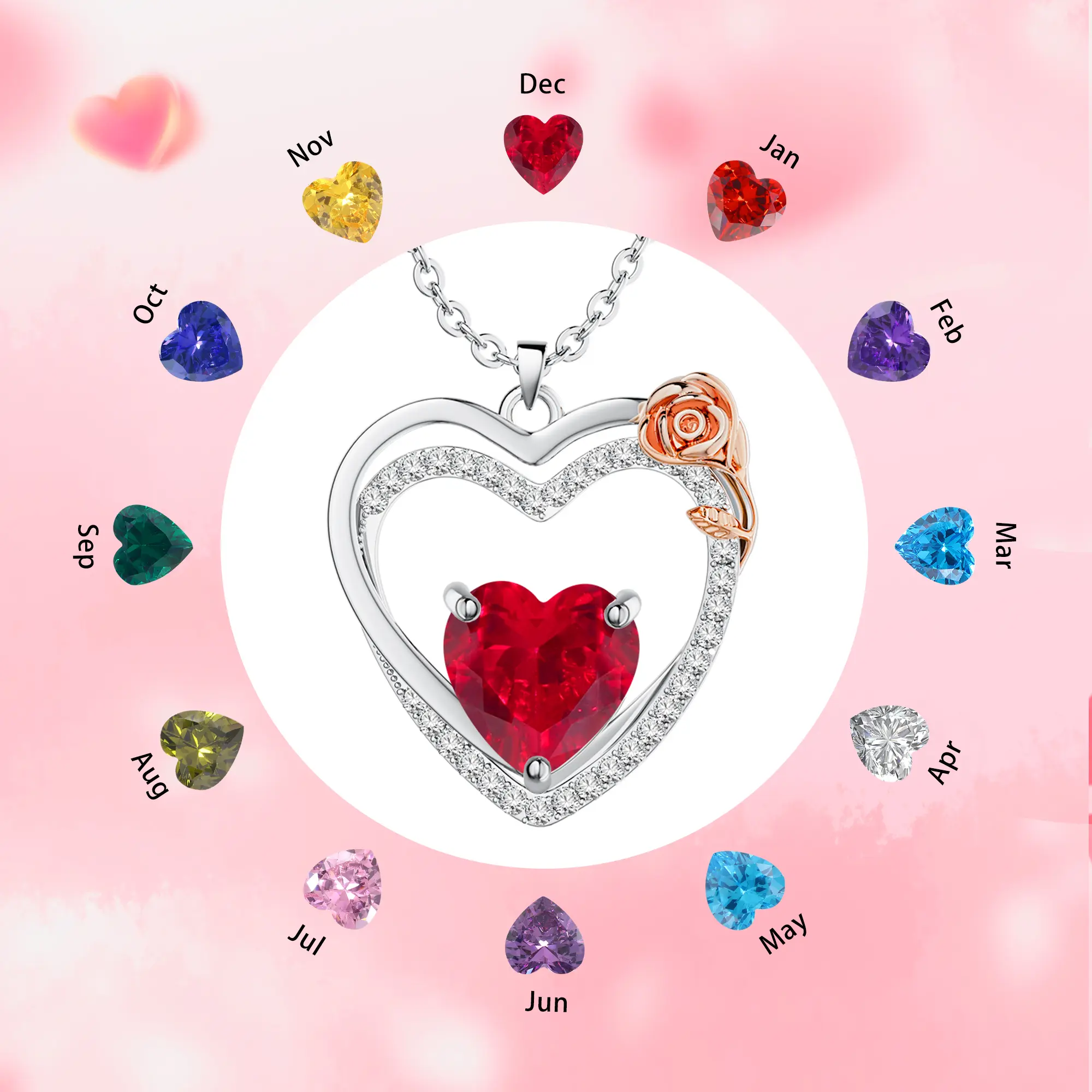 Moodear Exquisite 12 Birthdate Rose - Inspired Double Heart Pendant Necklace: Ideal Gift for Women for Mother's Day Gifts Jewelry Love