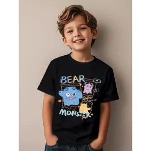 Cute Boys T-Shirt with Colorful Bear Monster Design |   Featuring Smiling Blue, Purple, and Yellow Monsters, Playful Graphic Tee for Kids, Casual Crew Neck, Medium Stretch Fabric, All-season