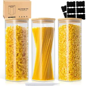 73 Oz Glass Storage Jars with   - 3 Pack Clear Glass Canisters Square Airtight Stackable Ideal for Pantry Storage Containers  for Storing Oats Coffee Beans Pasta Flour Rice etc