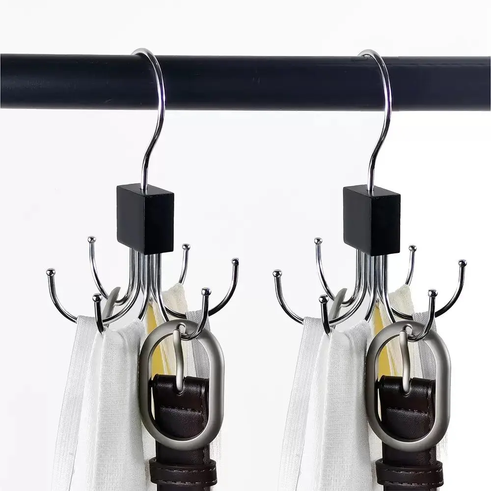 2-Piece Space-Saving Wooden and Metal Rotating Belt Rack, Closet Organizer with Stainless Steel Hooks for Belts, Scarves, and Ties, Multi-Functional Storage with Wooden Base