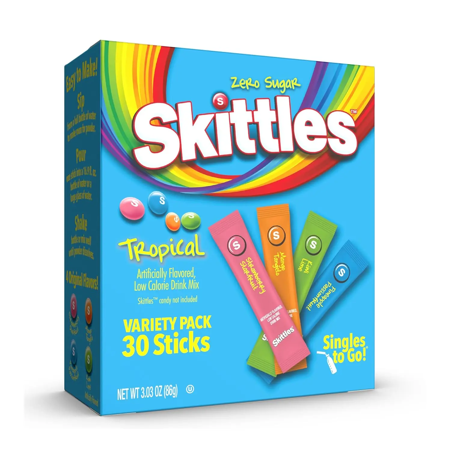 SINGLES TO GO! Skittles Singles To Go Tropical Flavors Variety Pack, Powdered Drink Mix, Strawberry Starfruit, Mango Tangelo, Kiwi Lime, Pineapple Passionfruit, 1 Box (30 Single Servings)