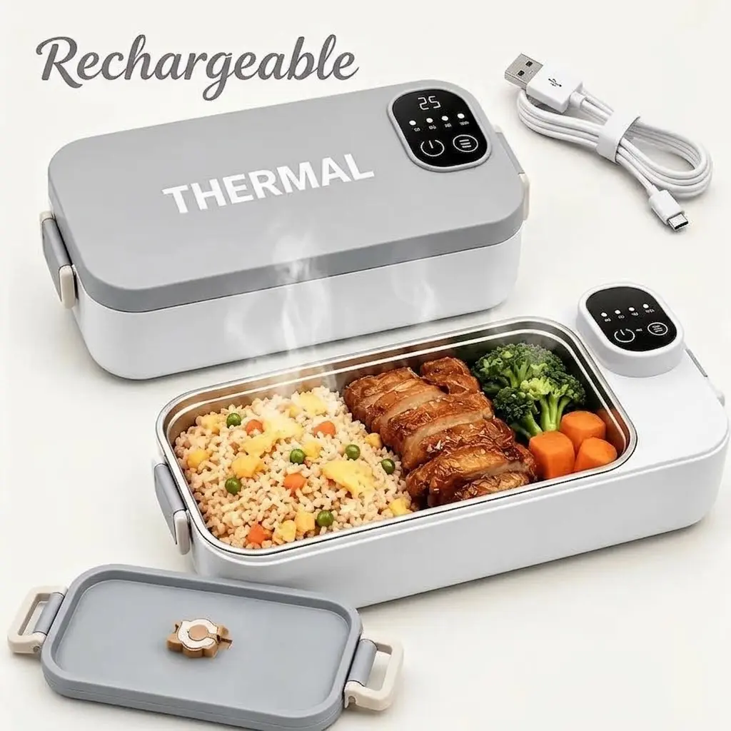 Portable Self-Heating Bento Box with Timer & Insulated Bag | Rechargable Electric Heated Lunchbox ideal for Men and Women