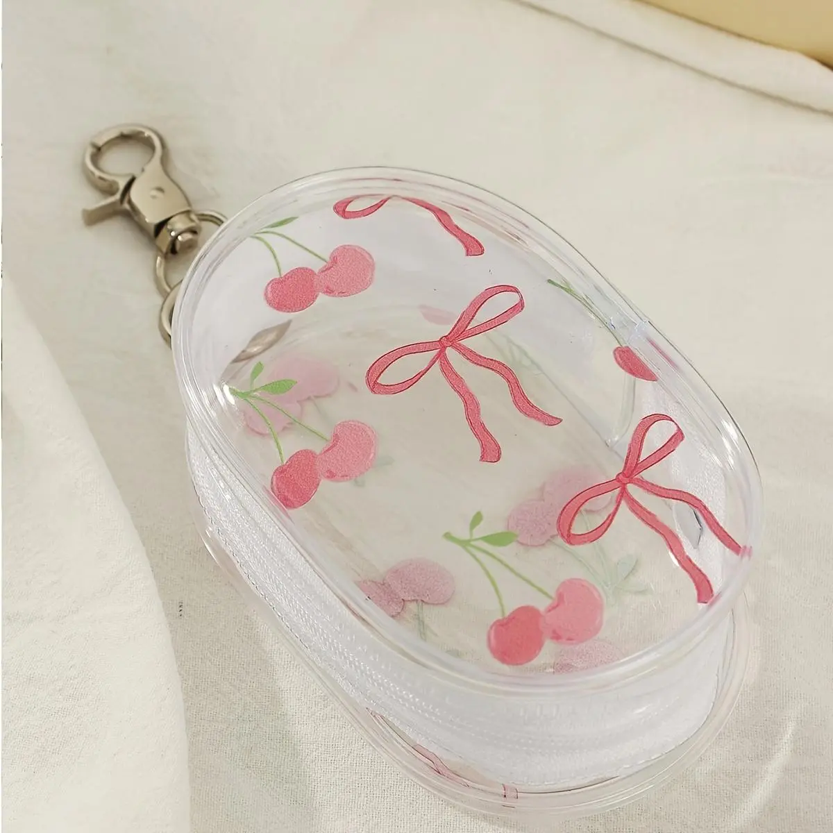 Easy Transparent Mini Multifunctional Storage Bag, Cherry Bow Print Cute Digital Bag, with Zipper And Keychain Transparent Cable Storage Box, Coin Purse, Can Hold Headphones, Jewelry, Suitable for Travel, Dormitory Storage Use