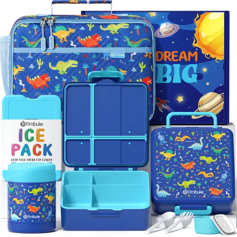 Fimibuke 4-Compartment Leakproof Insulated Bento Box Set - Back to School Lunch Box with Insulated Lunch Bag, Stainless Steel Vacuum Thermos Jar, Ice Pack, Utensils, Freezer & Microwave Safe for Kids, Work, Leakproof Lunch Box