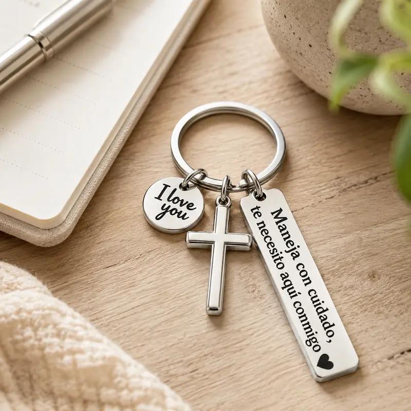 Minimalist Unisex Anti-Rust Stainless Steel Spanish Drive Safe Keychain Set - Spanish Engraving, Sentimental Text, Black Cross, "I Love You" Charm, Adjustable Heart Rate Bracelet, Rectangular Tag, Couple Gifts, EDC Automobile Gear, Daily Wear