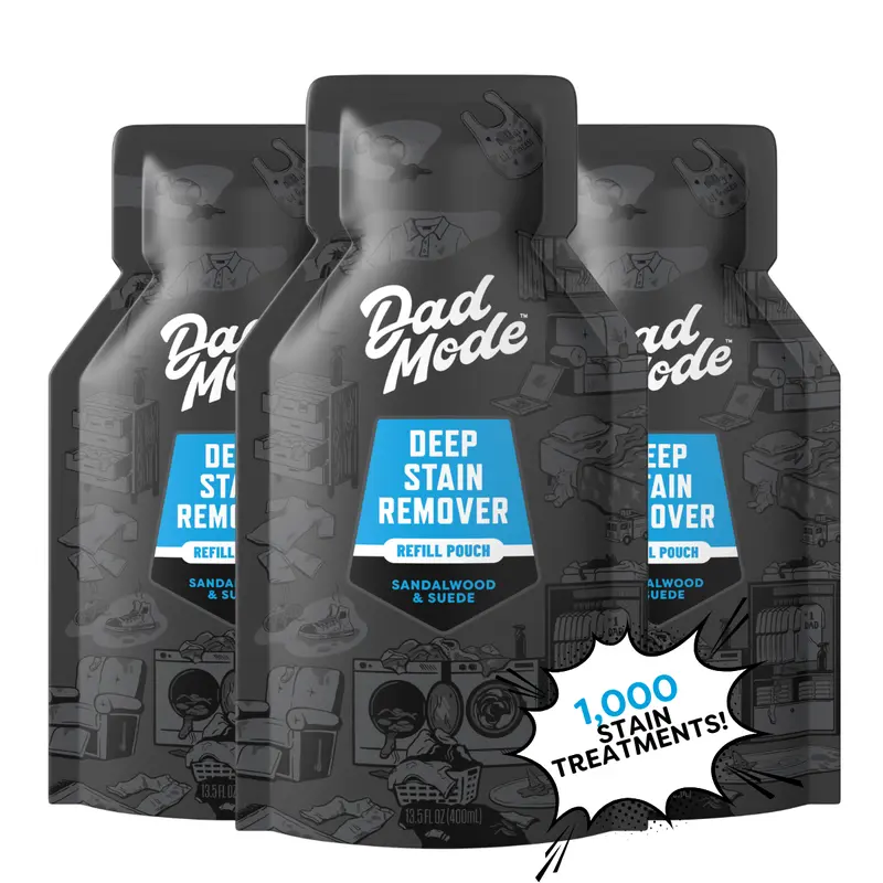 DadMode High-Performance 7-Enzyme Laundry Stain Eliminator Liquid Detergent - 3-Pack Refillable Sealed Refill Bottle, Sandalwood & Suede Scent, Spray-Based, Neutralizes Body Odor, Handles Sweat & Oil, For Kids' Uniforms, 24-Month Shelf Life