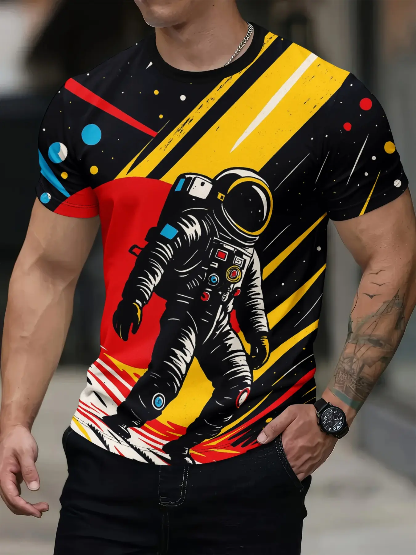Vibrant Space Astronaut Pattern T-Shirt, Bold Retro Sci-Fi Art Tee, Casual Long Sleeve Fitted Top, Unisex Fashion Clothing