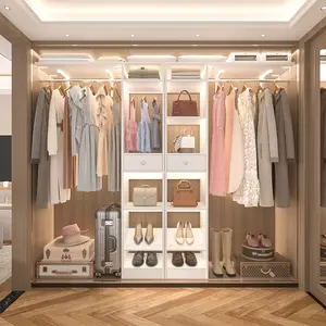 58" W - 90" W Closet System - Large Walk in Closet Organizer with 3 Hanging Rods and Shelves, Heavy Duty Wood Closet Wardrobe with 2 Drawers and Shoe Rack, Reversible Clothing Rack