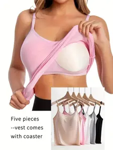 5-piece set of thin camisole tops - with chest pads, casual and thin, soft and comfortable women's camisole tops