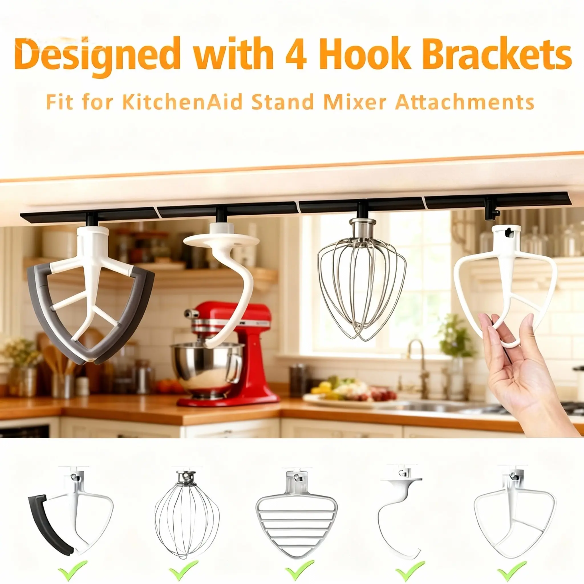 4 Pack Stand Mixer Attachment Holder Organizer - Reusable Kitchen Storage Organizational Tool with 4 Secure-Fit Holders for KitchenAid Mixer Accessories
