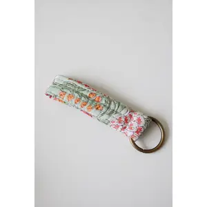 Mabel Quilted Keychain - Green Floral Pattern Handcrafted in India with Metal Brass Color Ring Durable & Machine Washable
