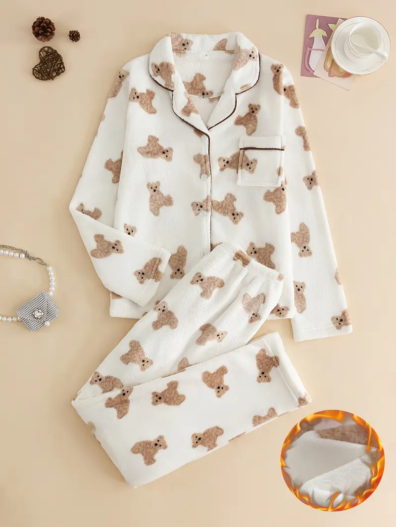 Women's Two-Piece Pajama Set Plush Bear Pattern High-End Winter Warm Homewear with Pocket Design Cozy Comfort Loungewear Nightwear Chic Elegance Pjs Top Long Sleeve - Pyjamas