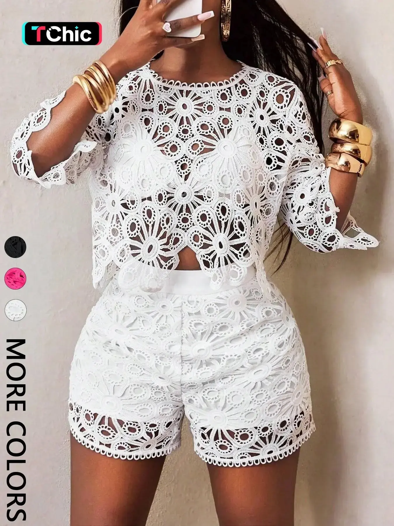 Women's Chic Hollow Out Floral Sleeveless Top + Casual Shorts Set Outfit, Perfect for Dates, Travel, Ootd Photoshoots, No Bikini Included