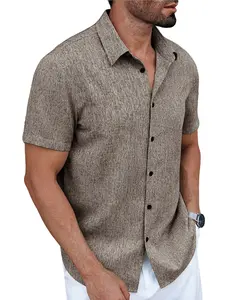 Men's Fashion Solid Linen Shirt, Plain Lightweight Breathable Business Casual Short Sleeve Top, Comfortable and Stylish Men's Clothing