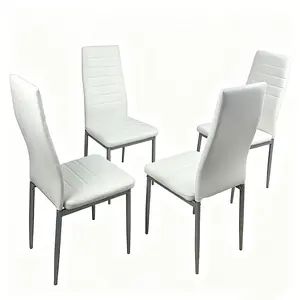 Dining Chairs Set of 4, White Faux Leather Upholstered Kitchen Chairs, Round Tube Backrest with Horizontal Stitching, Grey Frame Dining Chairs