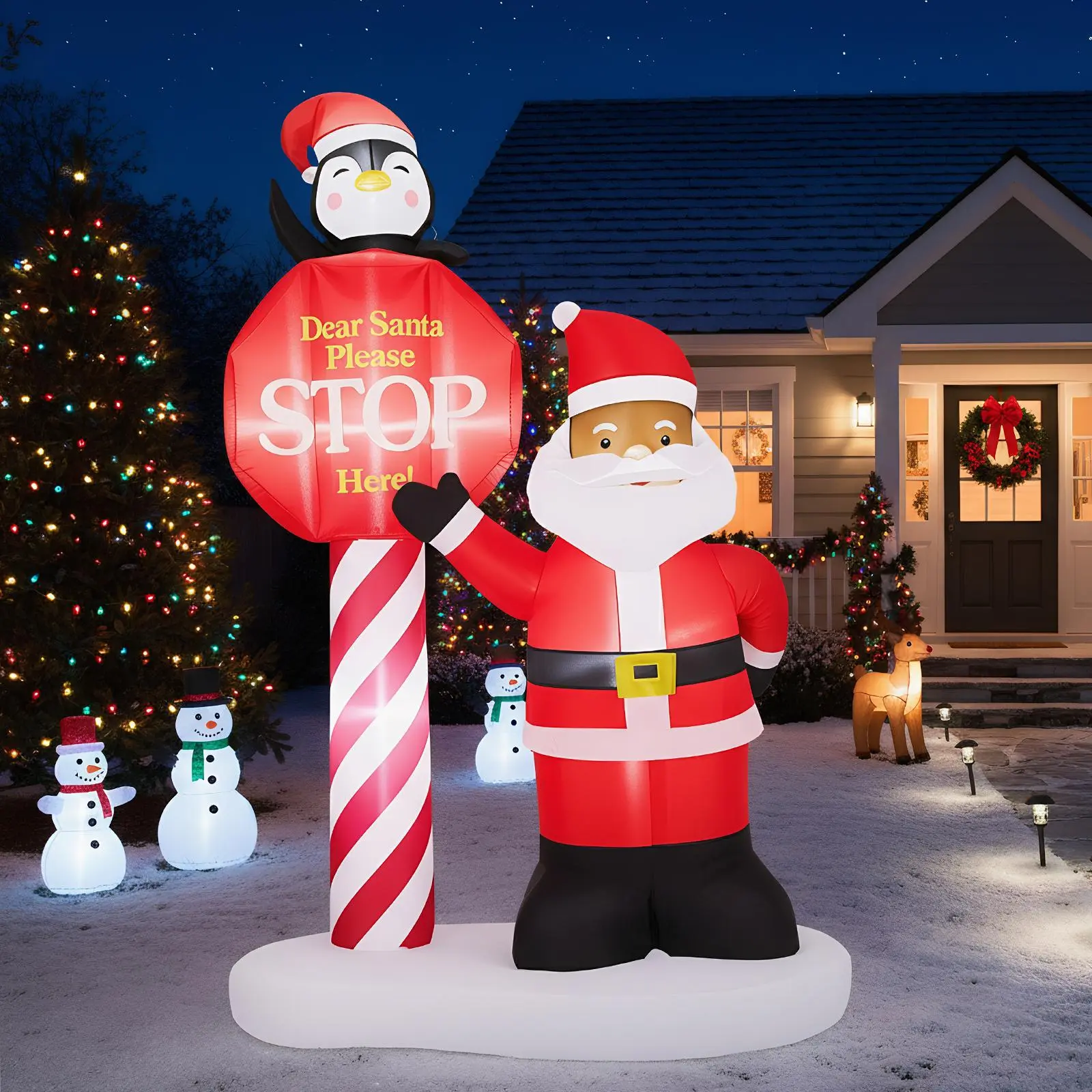 8.2FT Lighted Plastic Standing Christmas Inflatable Decoration - Black Santa & Road Sign, Magical Blow Up Yard Decor with Built-in LED Lights for Holiday Party Front Yard Photo Backdrop