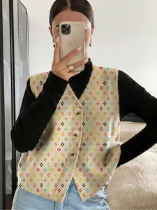 Geometric Pattern Open Front Button Knit Sweater Vest, Casual Sleeveless Fitted Cardigan for Spring Summer Fall, Comfortable Women's Clothing