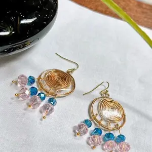 SCS-PRER2-002 Blush Cascade Spiral Earrings Handcrafted Gold-Tone Wirework with Blush Pink & Teal Blue Crystals Boho Jewelry Statement Earrings