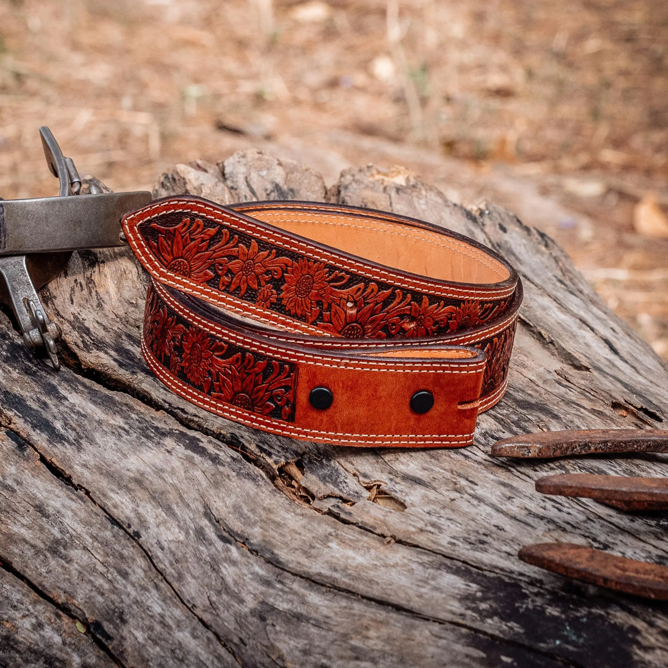 Virginia Sunflower Leather Belt - Molly's Custom Silver, Western Style Cowboy Aesthetic Accessory for Cowgirls