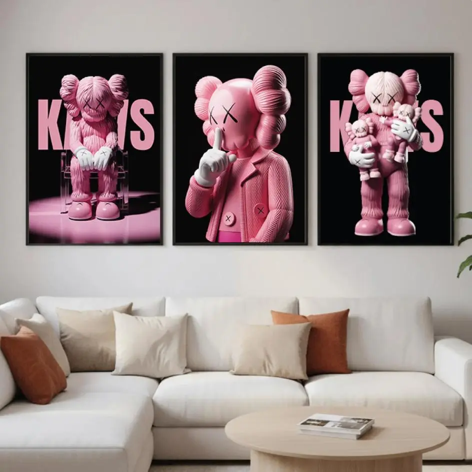 Pink KAWS Graffiti Poster Set: Hypebeast Decor , Poster Art Wall Set of 3