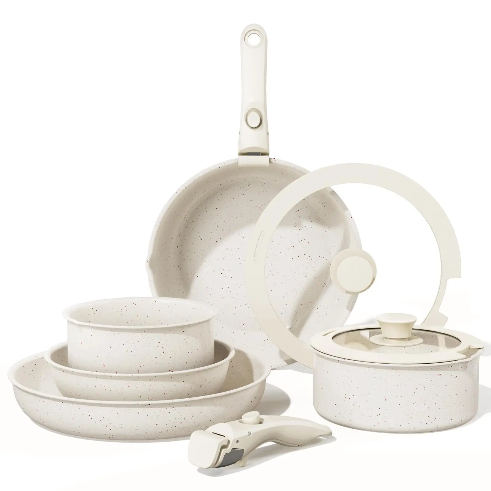 BAZOVA 9pcs Detachable Handle Nonstick Ceramic Cookware Set, PFAS/PFOA-Free, Cream White, RV Kitchen Set, Oven & Dishwasher Safe Pots Pans