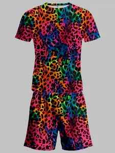 Vintage Rainbow Leopard Sporty Printed Short Sleeve Jersey Set, Summer Loose Breathable Round Neck Tee & Drawstring Shorts Two-Piece