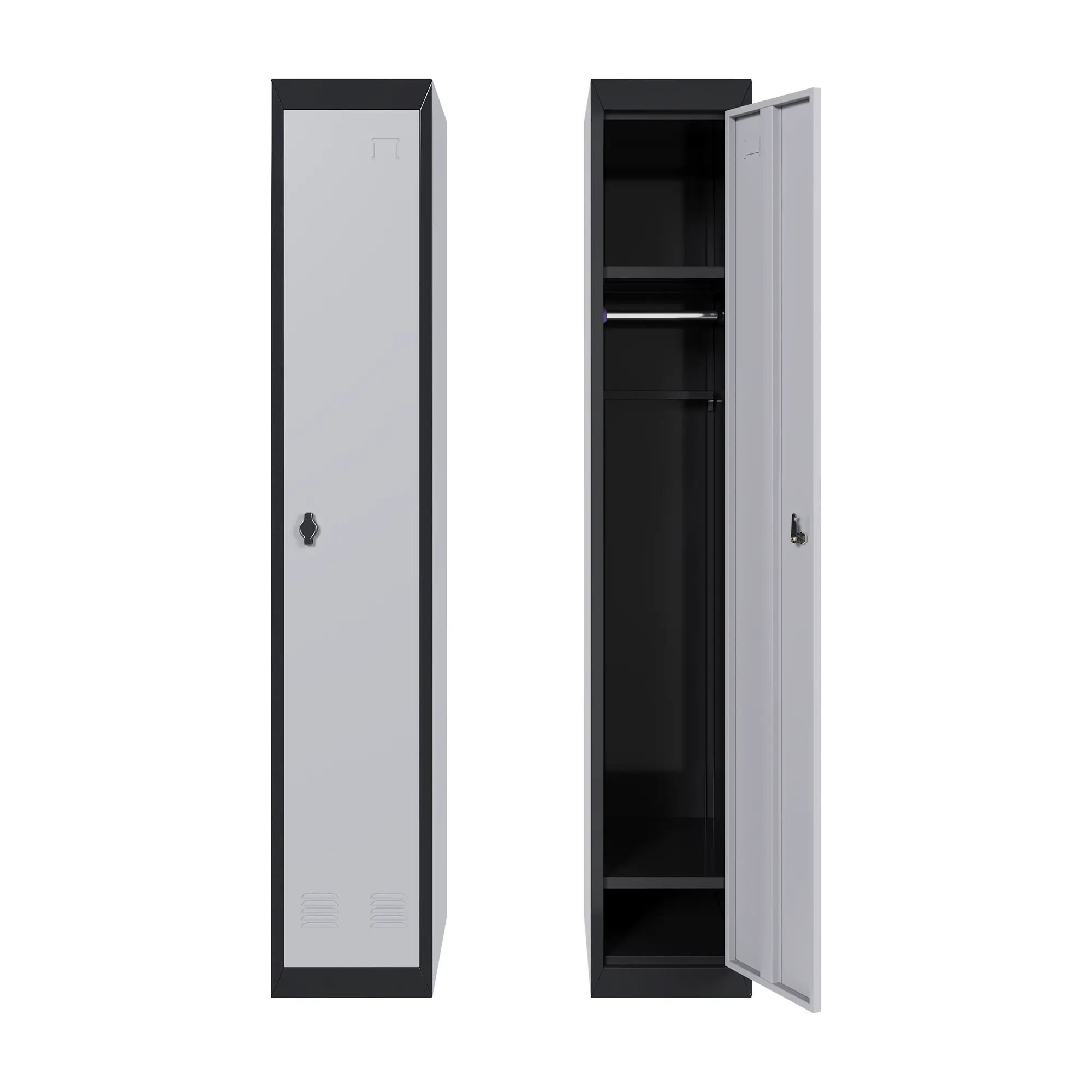Narrow tall locker cabinet, 71 inches high by 12 inches wide by 18 inches deep. Cold-rolled steel with lock, hanging rod, and adjustable shelf. Fits tight corners in offices, dorms, and gyms.