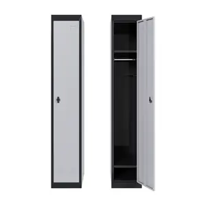 Narrow tall locker cabinet, 71 inches high by 12 inches wide by 18 inches deep. Cold-rolled steel with lock, hanging rod, and adjustable shelf. Fits tight corners in offices, dorms, and gyms.