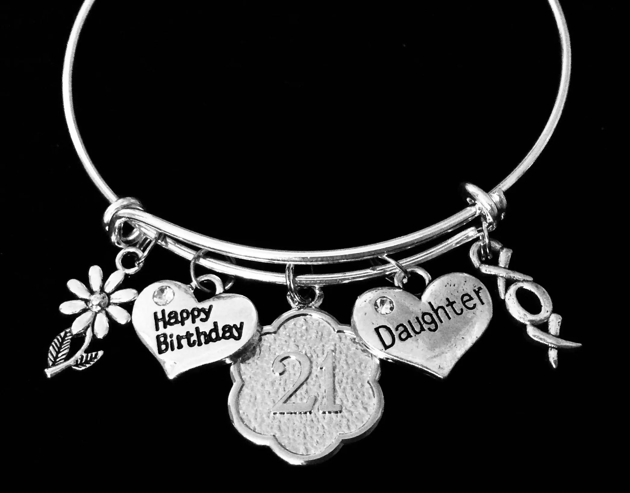 Happy 21st Birthday Daughter Expandable Charm Bracelet 21 Birthday Silver Adjustable Wire Bangle One Size Fits All Gift Birthday Jewelry