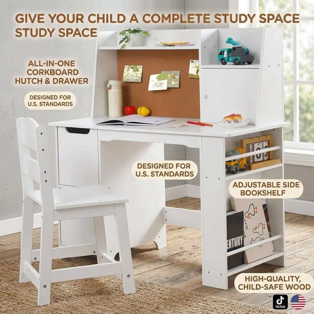 Garvee Wooden Kids Desk and Chair Set with Storage Shelf Bulletin Board & Drawers – Study Table for Boys and Girls Ages 3-8 – Writing Computer Table – Ideal for Home Learning – White