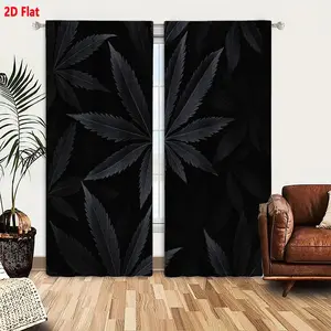 2D Flat 2 - Piece Curtain Set, Home Decoration Curtain, Dark Gray to Black Cannabis Leaf Seamless Pattern, Fan - Shaped Marijuana Leaves with Serrated Edges & Veins, Symmetrical Repeating Design, Gothic Aesthetic, Textured Intricat