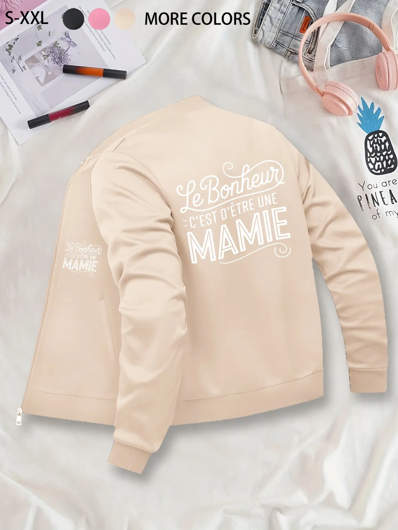 Mommy Style Letter Printed Jacket - Zip-Up Casual Jacket, Stand Collar, Polyester Knit Fabric, Fitted Design, Pocket Detail, Suitable for Autumn & Winter.