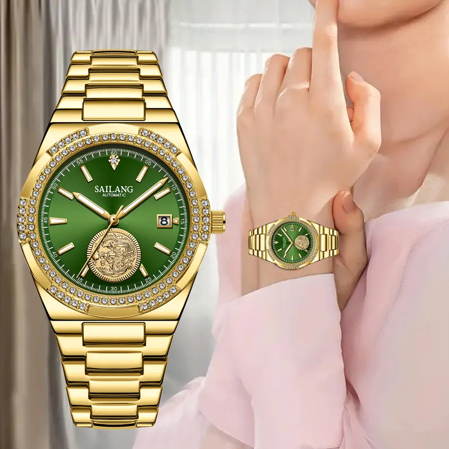 Elegant Green Automatic Mechanical Watch, Golden-Tone Rhinestone Case, Alloy Band, Luminous Green mineral glass Dial with Date Display, Perfect fashion wrist watches for women