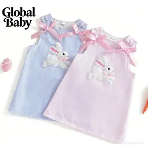 Global Baby Easter Toddler Baby Girl Easter Dress Sleeveless Crew Neck Bunny Embroidery Striped Tank Dress Baby Girls Suspender Dress Fashionable Number Embroidery Sleeveless Round Neck