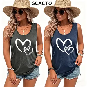 Scacto Hearts Print Crew Neck Tank Top, Casual Sleeveless Tank Top For Summer, Women's Clothing, Chic, Polyester