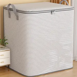 Foldable Fabric Storage Bag with Lid and Handles – Vintage Style Striped Design for Clothes, Blankets, and Comforters – Multipurpose Rectangular Organizer Bin, Clothes Organizer Storage, Under-Bed Storage